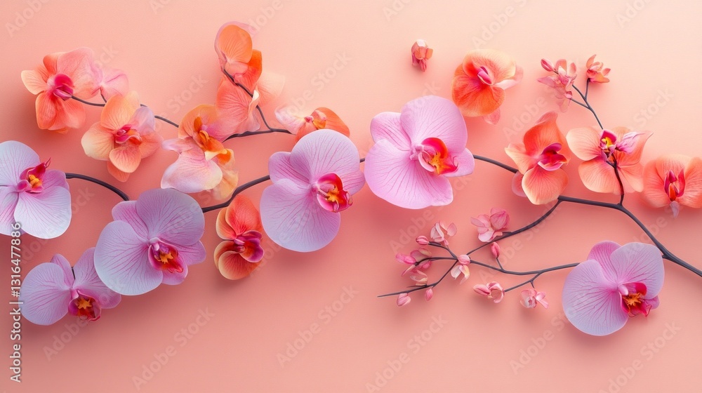 Poster colorful orchids drape elegantly across a soft peach background, showcasing a blend of pink and oran