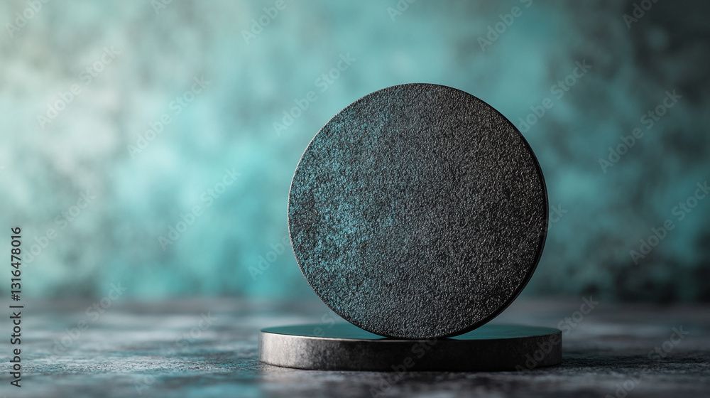 Poster abstract dark grey round disc on dark platform teal background style image shape color rough still