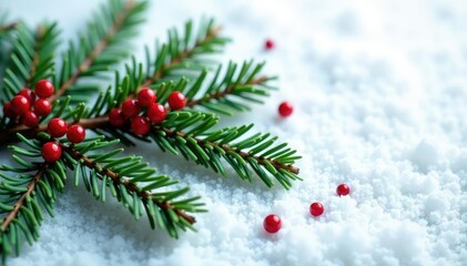 Fototapeta premium Long fir branch with red beads scattered on white snow, festive, natural, rustic