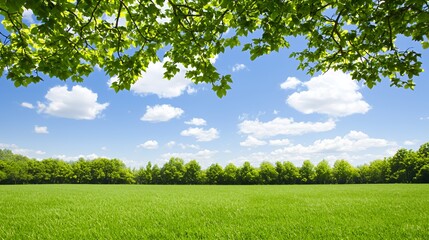 Obraz premium Bright Sunny Day Landscape with Lush Green Field and Blue Sky