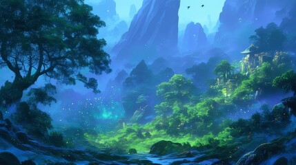 Obraz premium Enchanting Mystical Valley Landscape with Ancient Temple and Firefly Lights