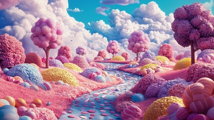 Obraz premium Vibrant Dreamy Landscape with Colorful Trees and Soft Clouds in a Fantasy Setting