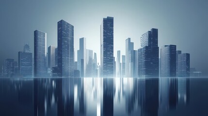 Fototapeta premium Futuristic Cityscape with Tall Skyscrapers and Reflective Water Surface at Dawn
