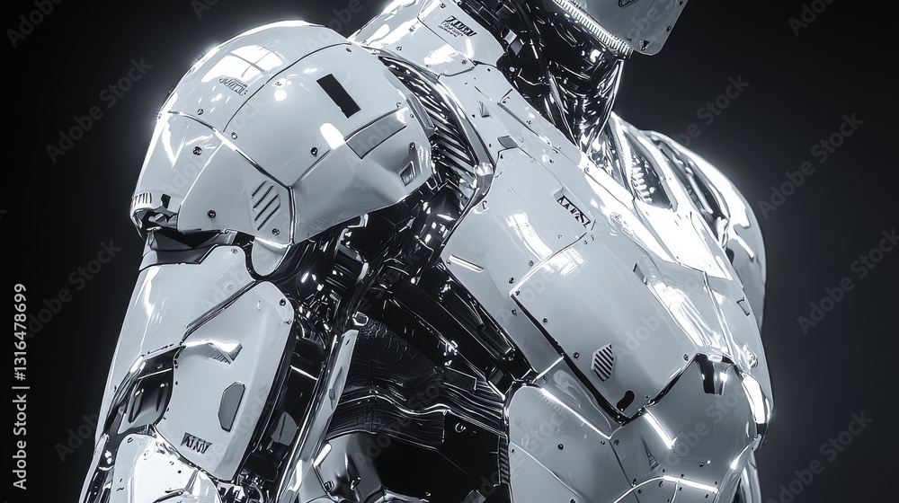 Poster futuristic robot design featuring sleek metallic surface and advanced technology elements