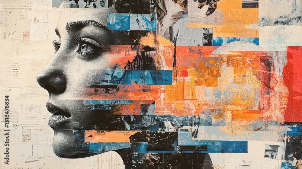 Poster abstract portrait design with colorful overlays and geometric patterns evoking creativity and emotio