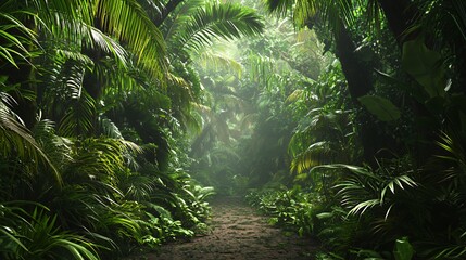 Lush Green Tropical Jungle Path Sunlight Through Dense Foliage