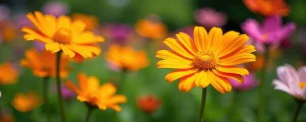 Fototapeta premium Orange gerbera daisies in a garden with other flowers, colorful,, nature