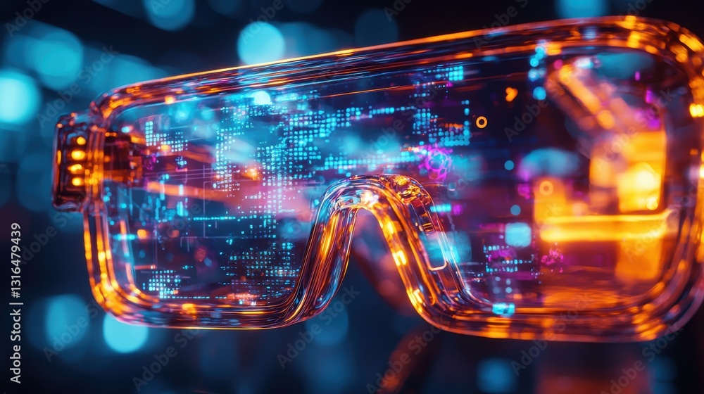 Poster futuristic augmented reality glasses with vibrant digital display and advanced technology background