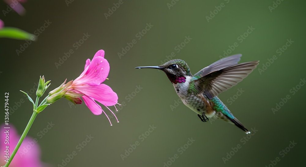 Fototapete 鮮やかなピンクの花に吸蜜するハチドリ 柔らかな光の中で羽ばたく this translates roughly to: 