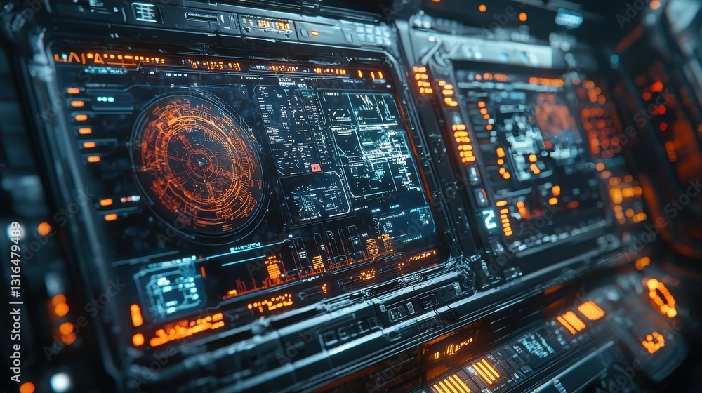Poster futuristic digital interface display with orange elements and backlit control panels