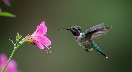 Fototapeta premium 鮮やかなピンクの花に吸蜜するハチドリ 柔らかな光の中で羽ばたく This translates roughly to: 