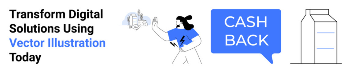 Woman holding smartphone with cityscape, cashback speech bubble, and shopping bag illustration. Ideal for e-commerce, digital payments, technology apps, online rewards, fintech, retail flat landing