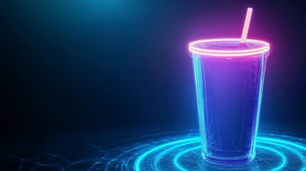 Glowing Blue Pink Digital Soda Cup Neon Light Dark Background