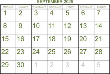 Calendar grid for the month of September 2025
