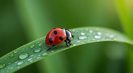 Fototapeta premium 朝露輝く緑の葉上を歩く小さなテントウムシ 鮮やかな赤色. AI Generated