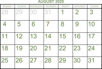 Calendar grid for the month of August 2025