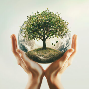 Mani che tengono un piccolo pianeta Terra su cui cresce un albero. Avere cura del pianeta.