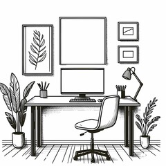 black and white line art home office illustration, desk with computer and plants sketch, coloring page 