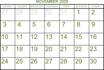 Calendar grid for the month of November 2025