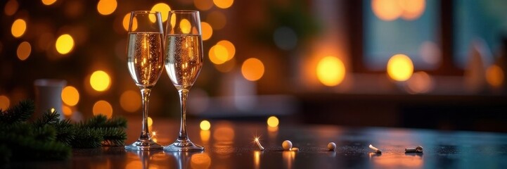 Sparkling champagne flutes, blurry festive lights , silver, winter, merry