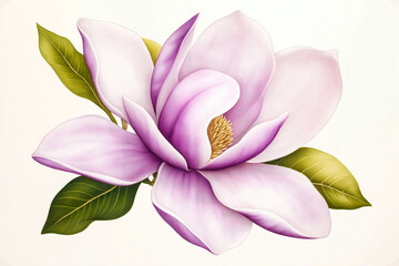 Detailed botanical illustration of a magnolia flower with soft pink petals and green leaves, radiating elegance