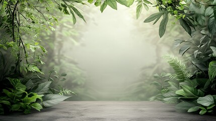 Lush Green Tropical Jungle Path with Foggy Background