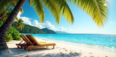 Fototapeta premium Sun-drenched deck chairs, palm trees sway gently on pristine island sand , idyllic, peaceful, getaway