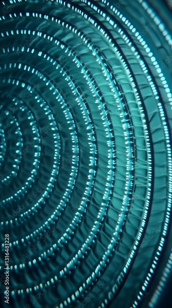 Poster abstract teal 3d render of concentric circles with illuminated lines, creating a futuristic backgrou
