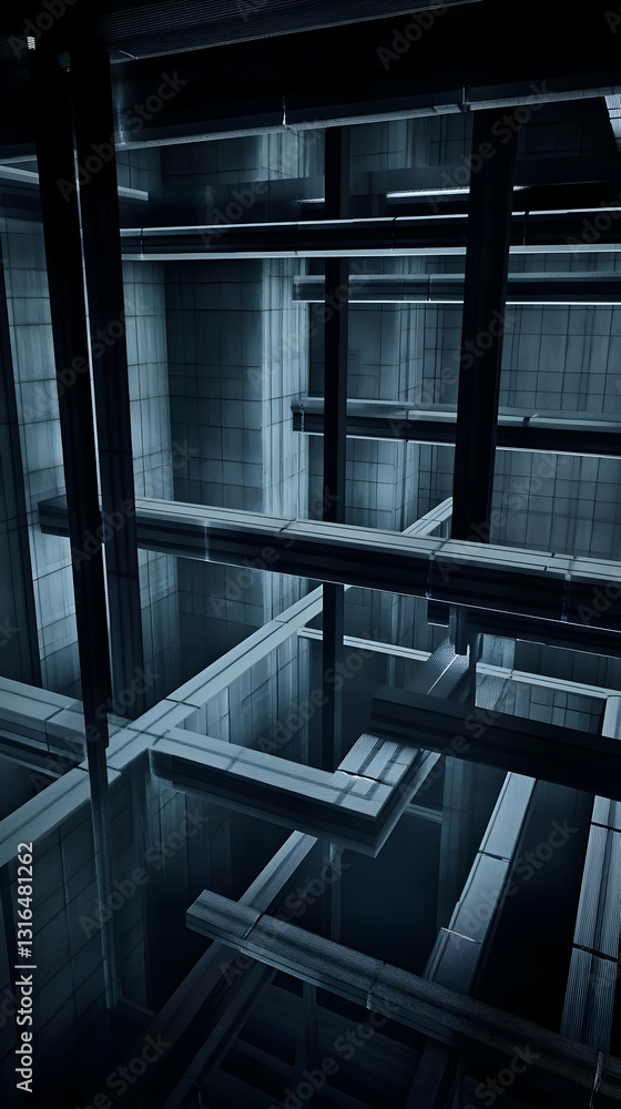 Poster abstract 3d rendering of interconnected structures, a futuristic architectural design with geometric