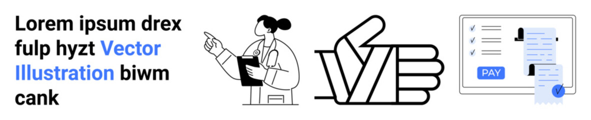 Female doctor with a clipboard, thumbs-up approval gesture, digital transaction interface with payment receipt. Ideal for healthcare, approvals, finance, teamwork, communication, security abstract