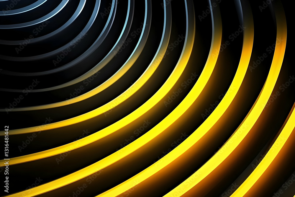 Poster abstract 3d rendering of glowing yellow and dark gray concentric circles forming a dynamic, swirling
