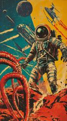 Vintage space explorer facing extraterrestrial danger on a barren planet