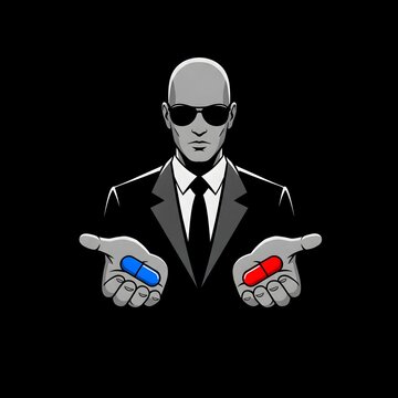 A suited figure with sunglasses holds a blue pill in one hand and a red pill in the other, set against a black background, evoking a Matrix-style choice.
