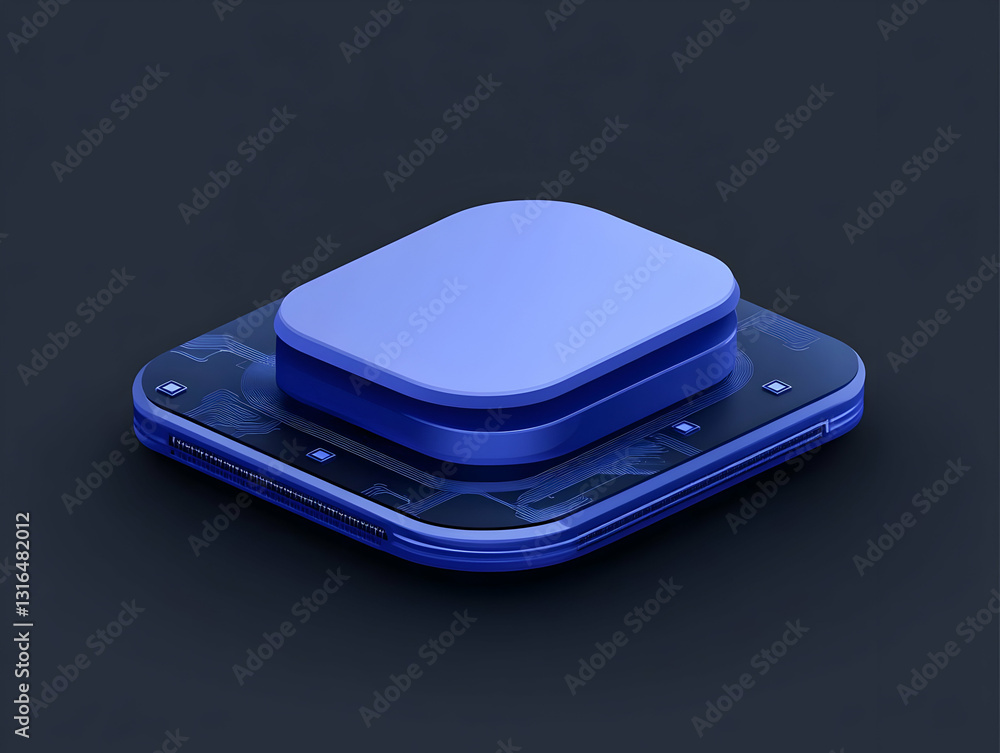 Poster abstract 3d render of a blue circuit board with a square component on top, digitally created