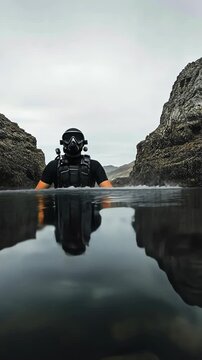 Diver explores unique rock formations in a coastal inlet during a cloudy day