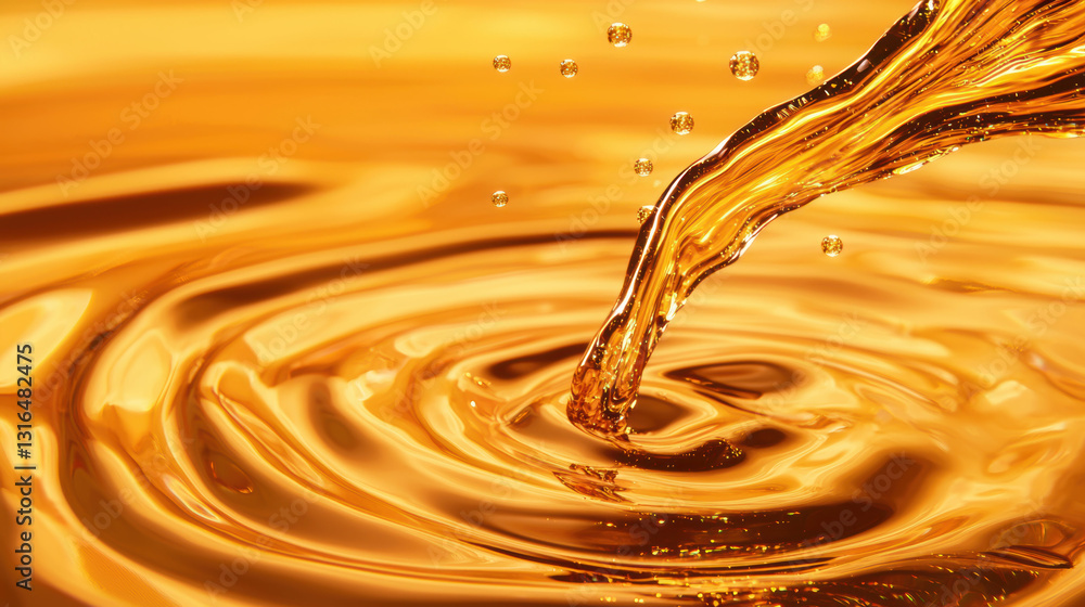 Poster golden liquid flowing in mesmerizing patterns, creating ripples and droplets
