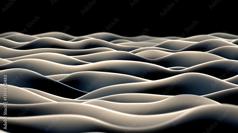 Poster abstract 3d render of soft, undulating waves flowing seamlessly across a dark background, creating a