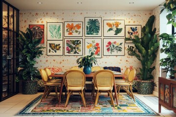A dining room featuring floral art and many natural plants