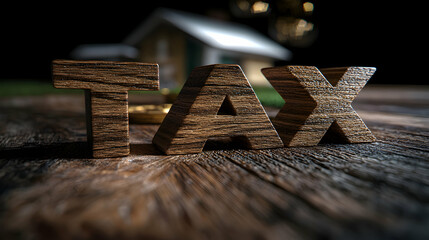 Wooden tax letters are positioned with a miniature house