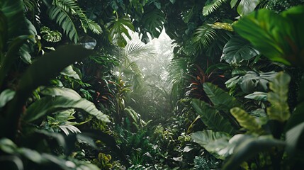 Lush Green Tropical Jungle Path with Sunlight Beams