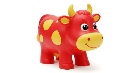 赤と黄色の可愛い子牛おもちゃ 明るい背景で微笑む. AI Generated