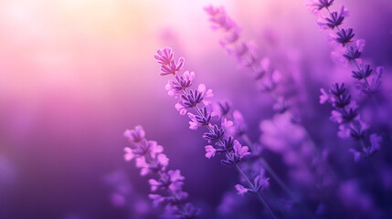 Obraz premium Beautiful purple lavender flowers in a soft summer light field calm bloom plant image aroma macro