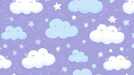 Cute Clouds & Stars Seamless Pattern - Pastel colors