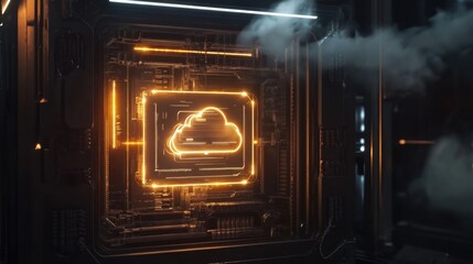 Futuristic Cloud Computing Interface with Neon Glow in Dark Setting