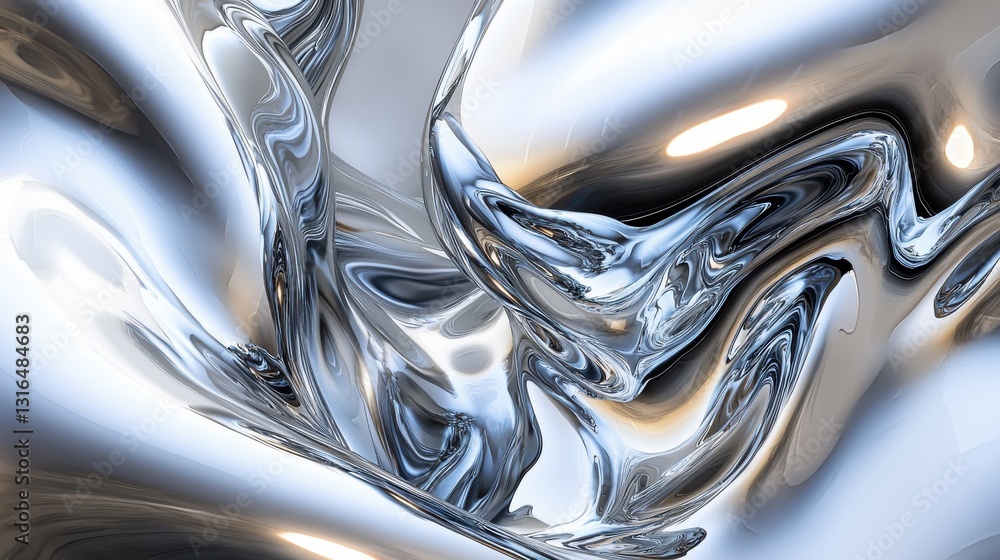 Poster abstract metallic liquid motion with smooth curves and shiny surface reflecting light and texture in