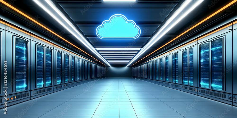 Aufkleber 3d render of a futuristic server room with neon cloud icon, illustrating modern data center technolo