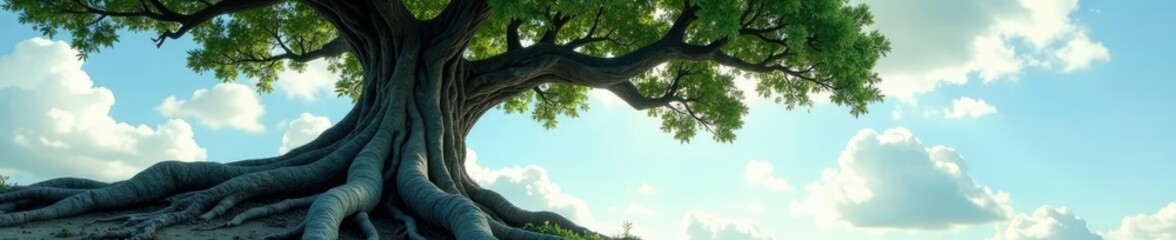Fototapeta premium Twisted roots of a gnarled tree pierce the sky, arches, foliage