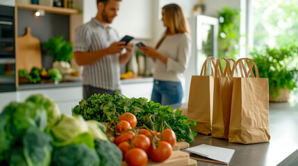 A couple in a modern kitchen checking a recipe on their smartphones, surrounded by fresh vegetables and grocery bags, preparing for a home-cooked meal