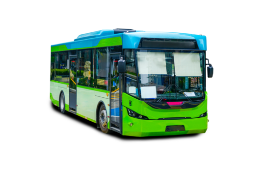 Green city bus isolated on white background, front view perspective