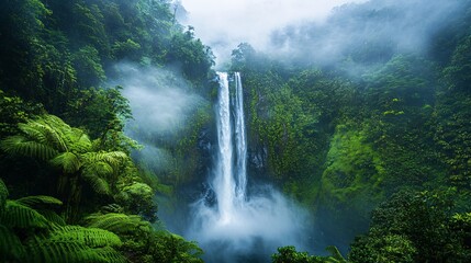 The Tall Waterfall Cascades Through Lush Green Jungle Vegetation